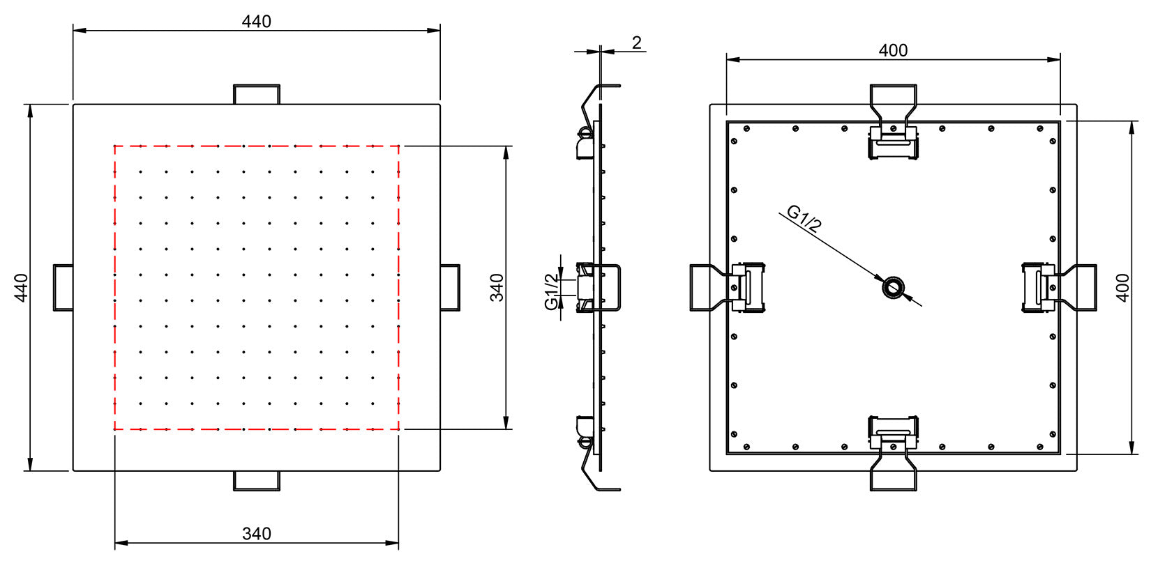 Rubinetterie Treemme 3M Showers IT RTBR 484 IS Soffione Doccia ad Incasso a Soffitto Per Controsoffitto Forma Quadrata Misura 440x440 mm Uscita Acqua a Pioggia Stile Moderno Materiale Acciaio Finitura Inox Spazzolato Opaco