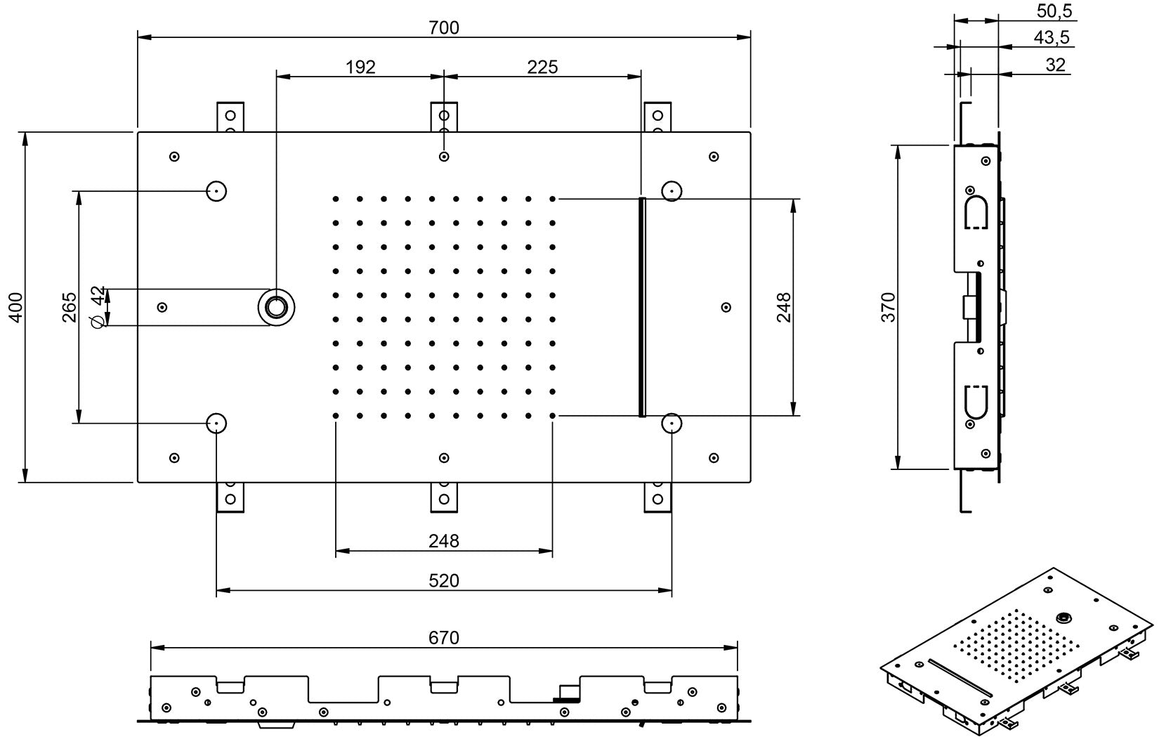 Rubinetterie Treemme SHOWERS Soffione Doccia Rettangolare Soffitto Ad Incasso 700x400 mm Con Pioggia Cascata Nebulizzatori Getto Stile Moderno Materiale Acciaio Finitura Acciaio Spazzolato Opaco Inox