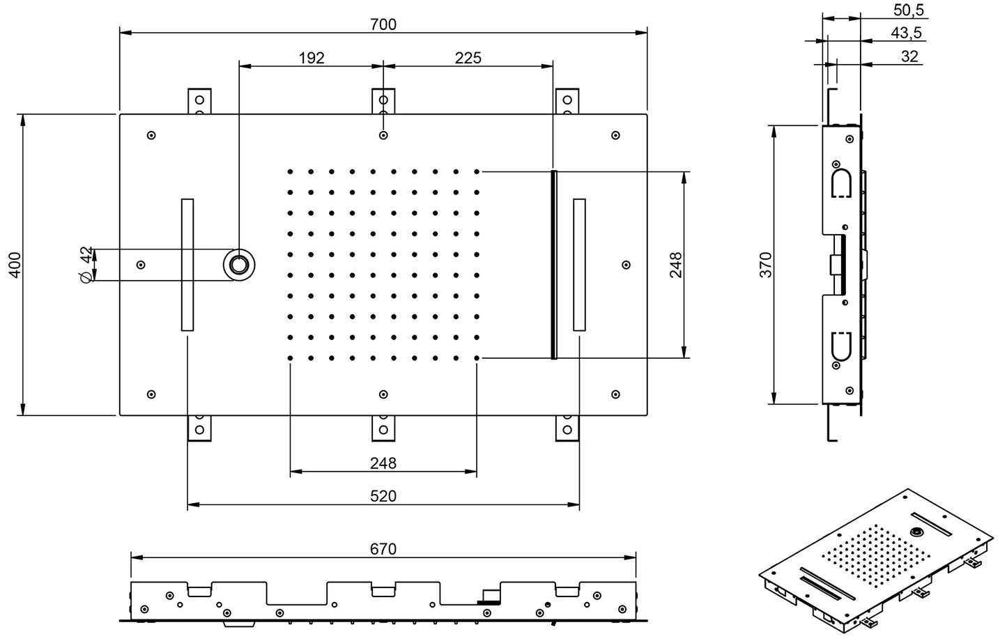 Rubinetterie Treemme SHOWERS Soffione Doccia Rettangolare Soffitto Ad Incasso 700x400 mm Con Pioggia Cascata Getto Cromoterapia Stile Moderno Materiale Acciaio Finitura Acciaio Spazzolato Opaco Inox Incluso Tastierino Di Comando Fashion