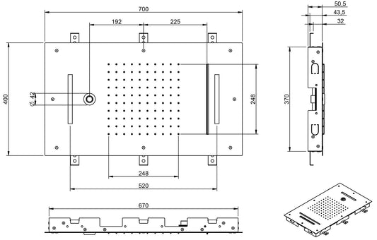 Rubinetterie Treemme SHOWERS Soffione Doccia Rettangolare Soffitto Ad Incasso 700x400 mm Con Pioggia Cascata Getto Cromoterapia Stile Moderno Materiale Acciaio Finitura Acciaio Spazzolato Opaco Inox Incluso Tastierino Di Comando Fashion