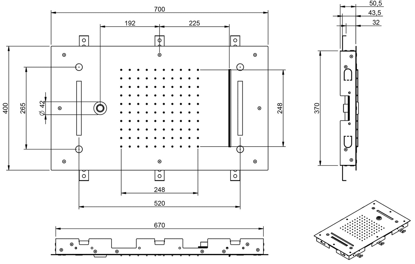 Rubinetterie Treemme SHOWERS Soffione Doccia Rettangolare Soffitto Ad Incasso 700x400 mm Con Pioggia Cascata Cromoterapia Getto Nebulizzatori Stile Moderno Acciaio Inox Spazzolato Opaco Incluso Tastierino Di Comando Fashion