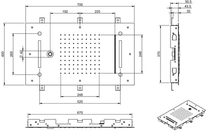Rubinetterie Treemme SHOWERS Soffione Doccia Rettangolare Soffitto Ad Incasso 700x400 mm Con Pioggia Cascata Cromoterapia Getto Nebulizzatori Stile Moderno Acciaio Inox Spazzolato Opaco Incluso Tastierino Di Comando Fashion
