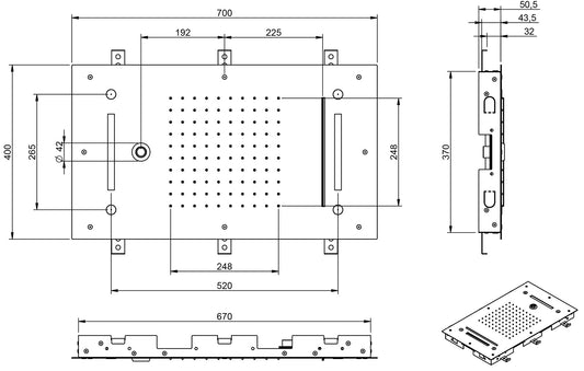 Rubinetterie Treemme SHOWERS Soffione Doccia Rettangolare Soffitto Ad Incasso 700x400 mm Con Pioggia Cascata Cromoterapia Getto Nebulizzatori Stile Moderno Acciaio Inox Spazzolato Opaco Incluso Tastierino Di Comando Fashion