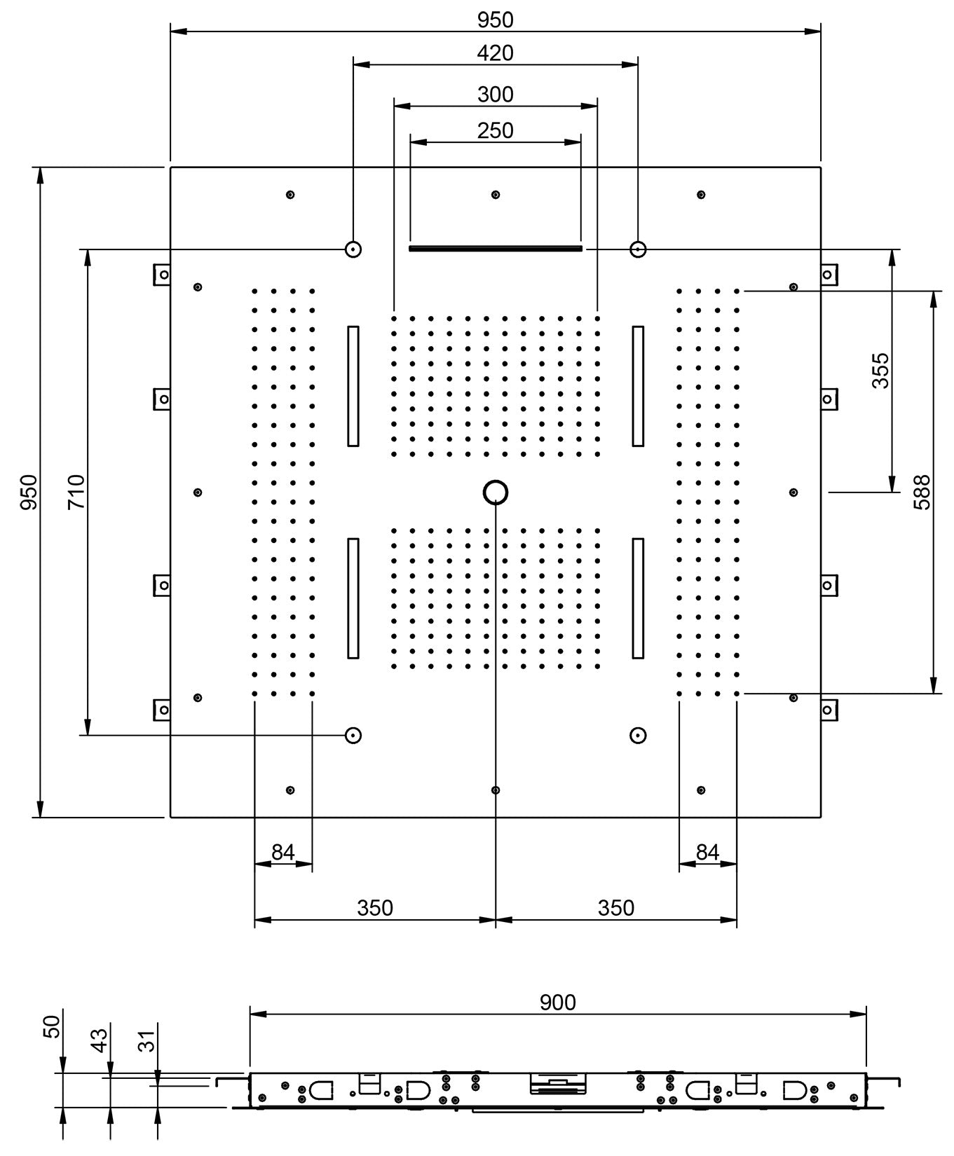 Rubinetterie Treemme SHOWERS Soffione Doccia Quadrato Soffitto Ad Incasso 950x950 mm Con Pioggia Cascata Getto Cromoterapia e Nebulizzatori Stile Moderno Acciaio Inox Spazzolato Opaco Incluso Tastierino Di Comando Fashion
