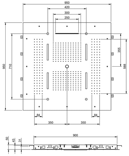 Rubinetterie Treemme SHOWERS Soffione Doccia Quadrato Soffitto Ad Incasso 950x950 mm Con Pioggia Cascata Getto Cromoterapia e Nebulizzatori Stile Moderno Acciaio Inox Spazzolato Opaco Incluso Tastierino Di Comando Fashion