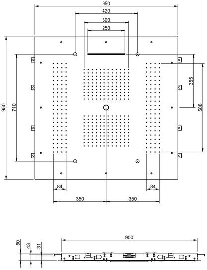 Rubinetterie Treemme SHOWERS Soffione Doccia Quadrato Soffitto Ad Incasso 950x950 mm Con Pioggia Cascata Nebulizzatori e Getto Stile Moderno Materiale Acciaio Finitura Acciaio Spazzolato Opaco Inox