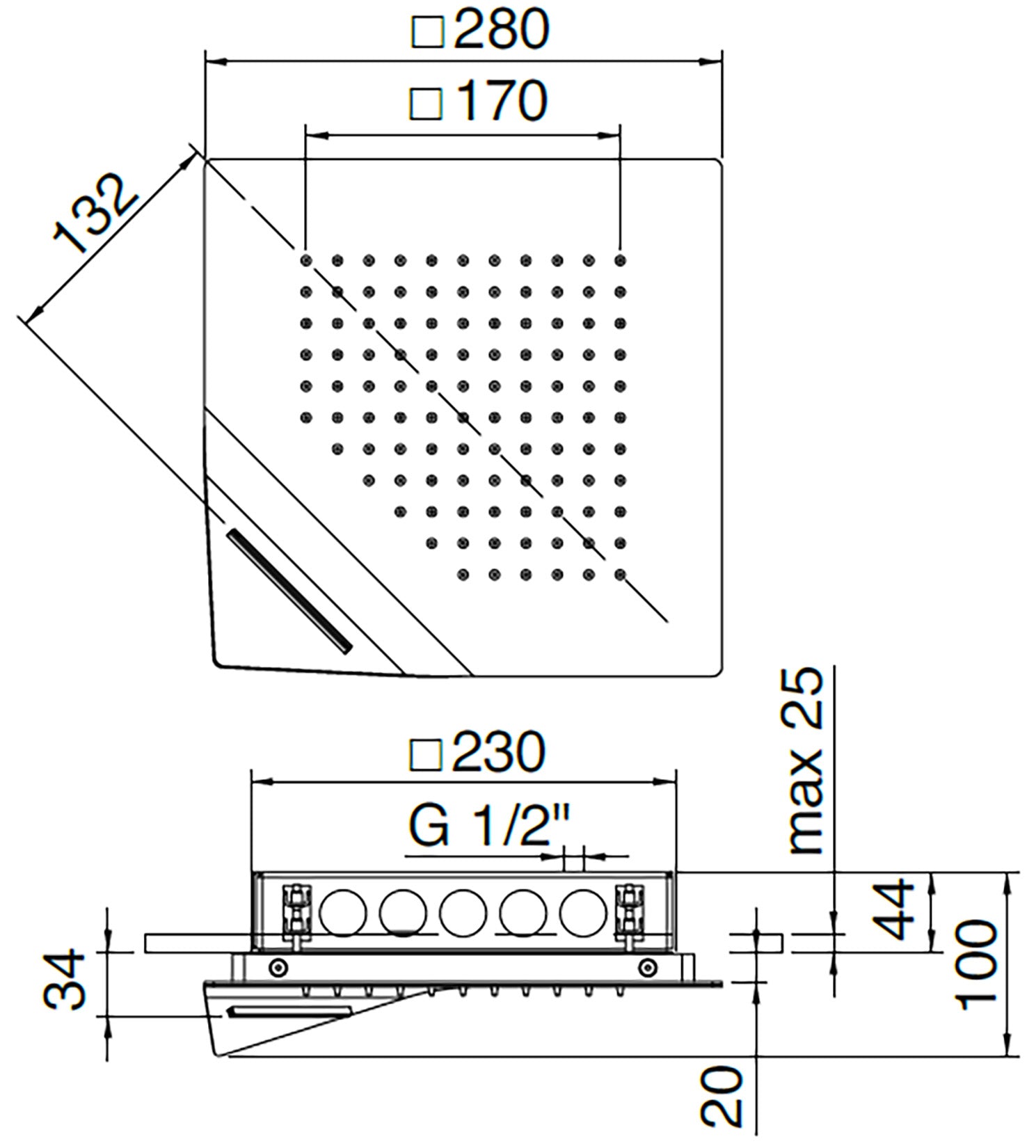 Rubinetterie Treemme SHOWERS Soffione Doccia Quadrato Soffitto Per Controsoffitto Ad Incasso 280x280 mm Con Pioggia E Cascata Stile Moderno Materiale Acciaio Finitura Acciaio Spazzolato Opaco Inox