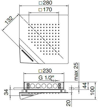 Rubinetterie Treemme SHOWERS Soffione Doccia Quadrato Soffitto Per Controsoffitto Ad Incasso 280x280 mm Con Pioggia E Cascata Stile Moderno Materiale Acciaio Finitura Acciaio Spazzolato Opaco Inox