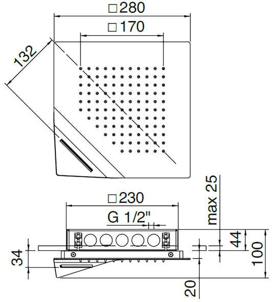 Rubinetterie Treemme SHOWERS Soffione Doccia Quadrato Soffitto Per Controsoffitto Ad Incasso 280x280 mm Con Pioggia E Cascata Stile Moderno Materiale Acciaio Finitura Acciaio Spazzolato Opaco Inox