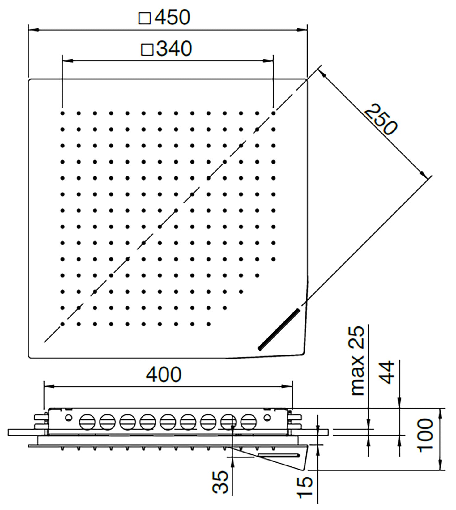 Rubinetterie Treemme SHOWERS Soffione Doccia Quadrato Soffitto Controsoffitto Ad Incasso 450x450 mm Con Pioggia E Cascata Stile Moderno Materiale Acciaio Finitura Acciaio Spazzolato Opaco Inox