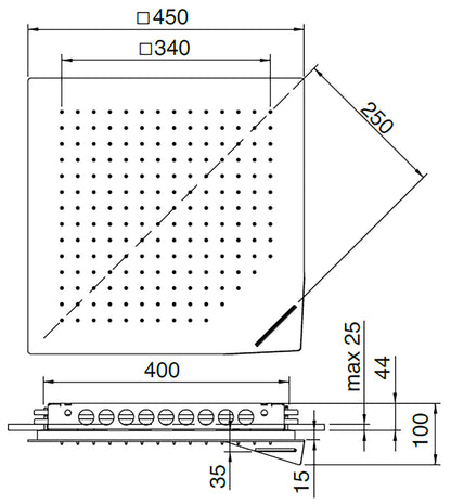 Rubinetterie Treemme SHOWERS Soffione Doccia Quadrato Soffitto Controsoffitto Ad Incasso 450x450 mm Con Pioggia E Cascata Stile Moderno Materiale Acciaio Finitura Acciaio Spazzolato Opaco Inox
