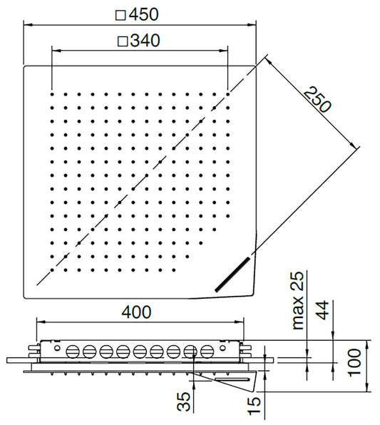 Rubinetterie Treemme SHOWERS Soffione Doccia Quadrato Soffitto Controsoffitto Ad Incasso 450x450 mm Con Pioggia E Cascata Stile Moderno Materiale Acciaio Finitura Acciaio Spazzolato Opaco Inox