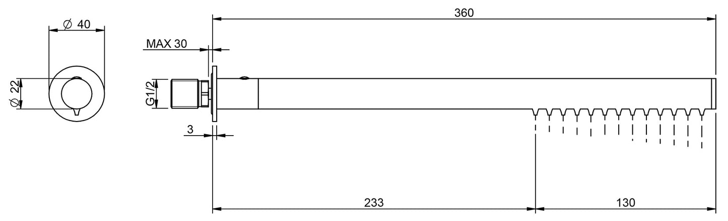 Rubinetterie Treemme 3M Showers RWIT 1147 IS 01 Soffione Doccia A Parete Tubolare Cilindrico Rotondo Lunghezza 360 mm Diametro Ø 22 mm Getto a Pioggia Stile Moderno Materiale Acciaio Finitura Inox Spazzolato Opaco
