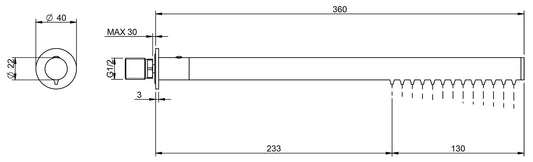 Rubinetterie Treemme 3M Showers RWIT 1147 IS 01 Soffione Doccia A Parete Tubolare Cilindrico Rotondo Lunghezza 360 mm Diametro Ø 22 mm Getto a Pioggia Stile Moderno Materiale Acciaio Finitura Inox Spazzolato Opaco