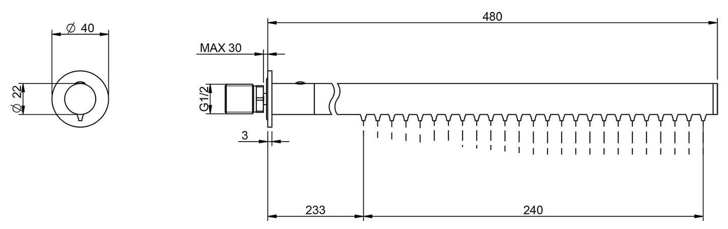 Rubinetterie Treemme 3M Showers RWIT 1147 IS 03 Soffione Doccia A Parete Tubolare Cilindrico Rotondo Lunghezza 480 mm Diametro Ø 22 mm Getto a Pioggia Stile Moderno Materiale Acciaio Finitura Inox Spazzolato Opaco