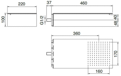 Rubinetterie Treemme 3M Showers RWIT 2847 IS 02 Soffione Doccia A Parete Forma L Mensola Rettangolare Con Funzione Pioggia 220 Misura 460x220 mm Stile Moderno Acciaio Finitura Inox Spazzolato Opaco