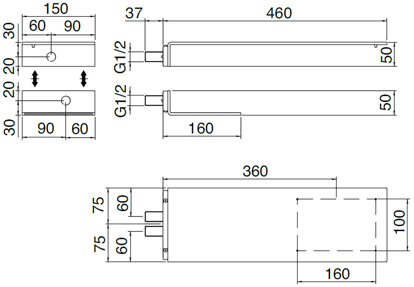 Rubinetterie Treemme 3M Showers RWIT 2847 IS 42 Soffione Doccia A Parete Forma C Mensola Rettangolare Con Funzioni Pioggia e Cascata 150 Misura 460x150 mm Stile Moderno Acciaio Finitura Inox Spazzolato Opaco
