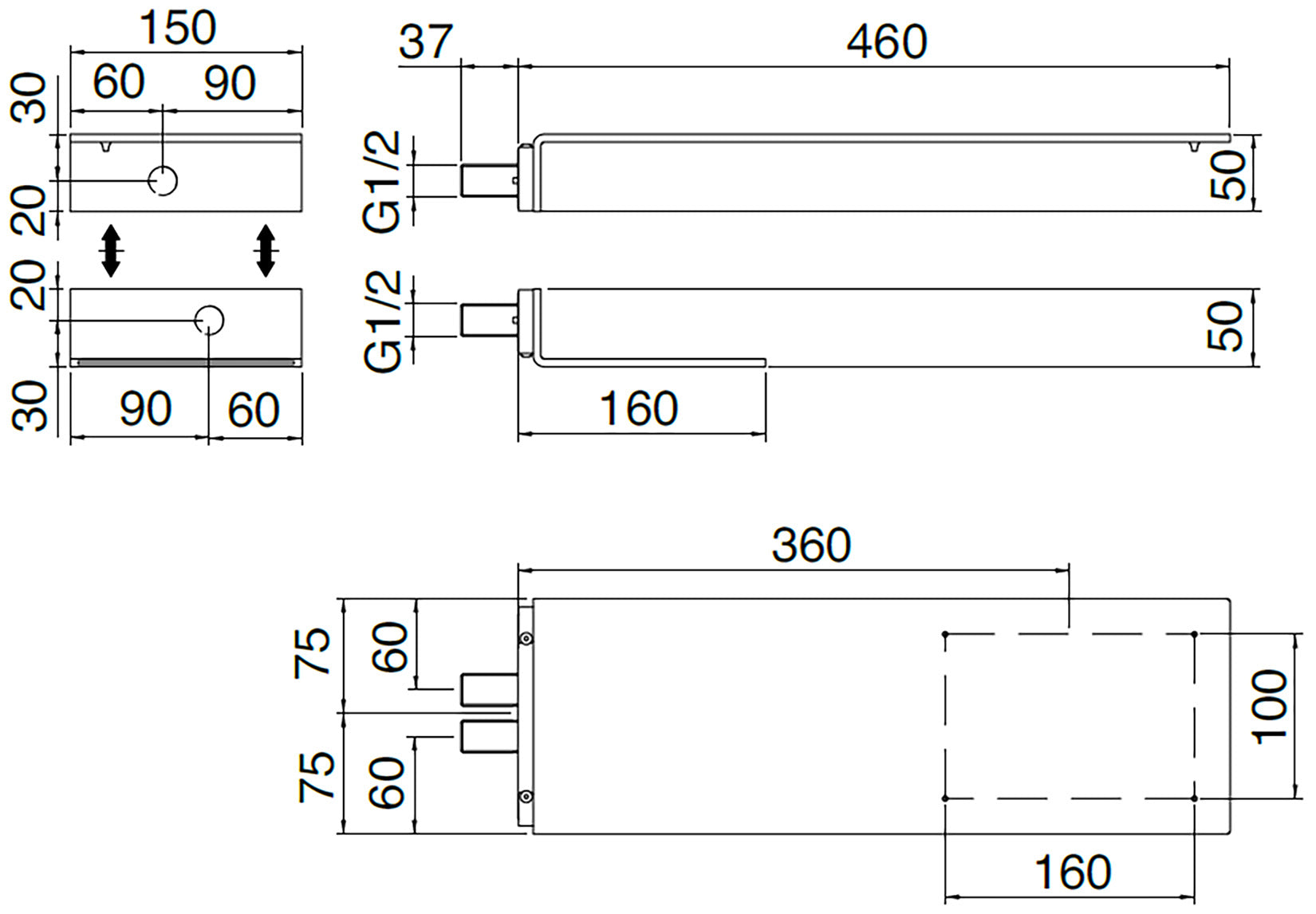 Rubinetterie Treemme 3M Showers RWIT 2847 IS 42 Soffione Doccia A Parete Forma C Mensola Rettangolare Con Funzioni Pioggia e Cascata 150 Misura 460x150 mm Stile Moderno Acciaio Finitura Inox Spazzolato Opaco