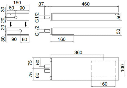 Rubinetterie Treemme 3M Showers RWIT 2847 IS 52 Soffione Doccia A Parete Forma C Mensola Rettangolare Con Funzioni Pioggia e Cascata 220 Misura 460x220 mm Stile Moderno Acciaio Finitura Inox Spazzolato Opaco