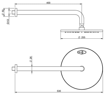 Rubinetterie Treemme 3M Showers RWIT 6599 IS 05 Soffione Doccia Pioggia A Parete Tondo Diametro Ø 255 mm Anticalcare Con Braccio Doccia 400 mm Stile Moderno Valvola Di Sicurezza Acciaio Finitura Inox Spazzolato Opaco