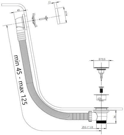 Rubinetterie Treemme 3M Spare Parts IT 0491 IS ZZ ZZ Colonna di Scarico per Vasche da Bagno Materiale ABS Colore Bianco Con Troppo Pieno e Tappo in Acciaio Finitura Inox Spazzolato Opaco