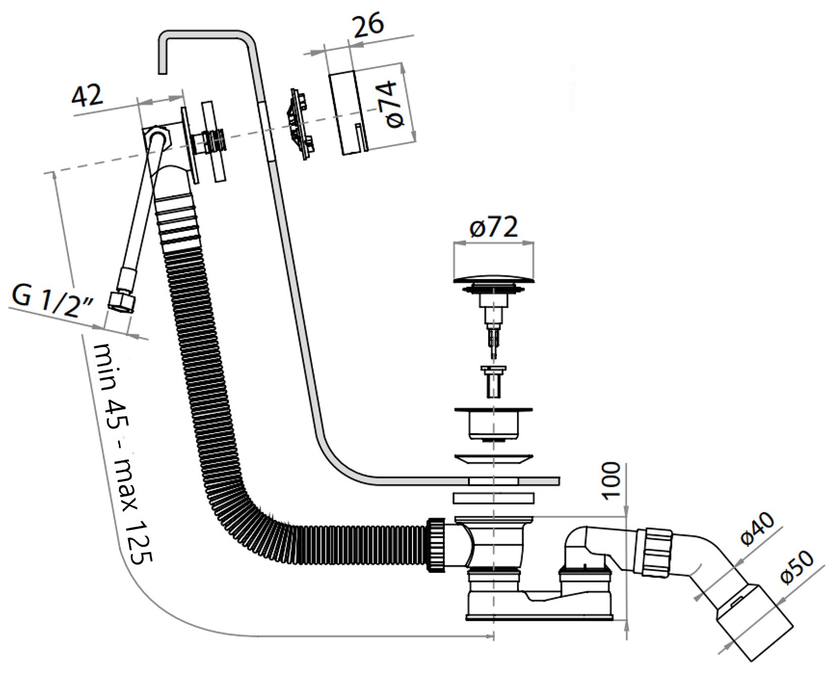 Rubinetterie Treemme 3M Spare Parts IT 0492 IS ZZ ZZ Colonna di Scarico Con Erogazione Acqua per Vasche da Bagno Materiale ABS Colore Bianco Con Troppo Pieno e Tappo in Acciaio Finitura Inox Spazzolato Opaco