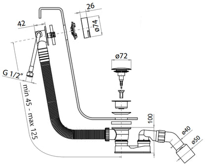 Rubinetterie Treemme 3M Spare Parts IT 0492 IS ZZ ZZ Colonna di Scarico Con Erogazione Acqua per Vasche da Bagno Materiale ABS Colore Bianco Con Troppo Pieno e Tappo in Acciaio Finitura Inox Spazzolato Opaco