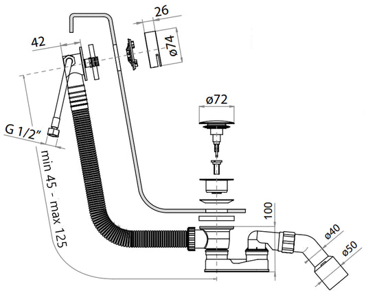 Rubinetterie Treemme 3M Spare Parts IT 0492 IS ZZ ZZ Colonna di Scarico Con Erogazione Acqua per Vasche da Bagno Materiale ABS Colore Bianco Con Troppo Pieno e Tappo in Acciaio Finitura Inox Spazzolato Opaco