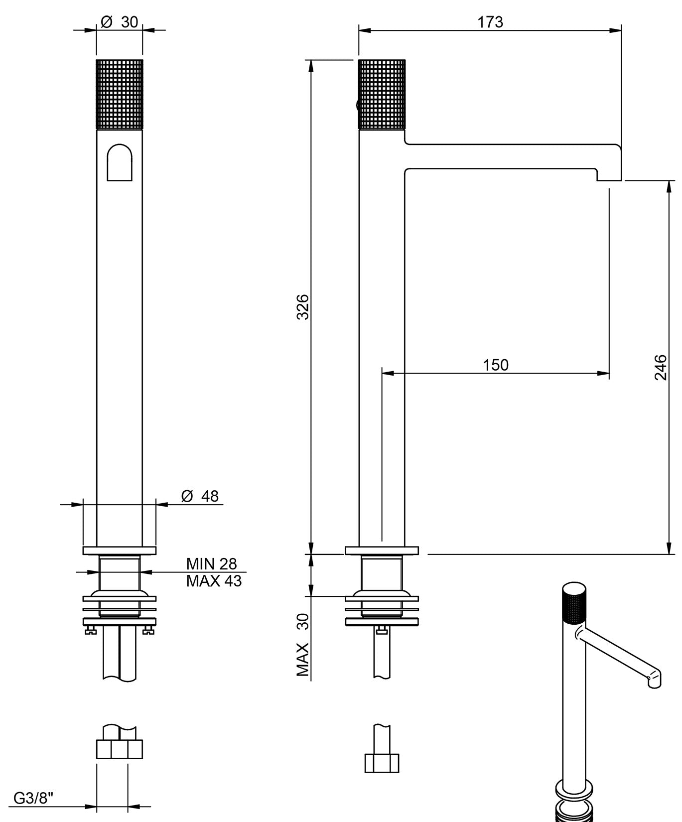 Rubinetterie Treemme 3M T30 IT 5B18 CC Z4 ZZ Miscelatore Monocomando Lavabo 246 Ad Appoggio Monoforo Materiale Ottone Finitura Cromato Stile Moderno Altezza 326 Lunghezza 173 mm