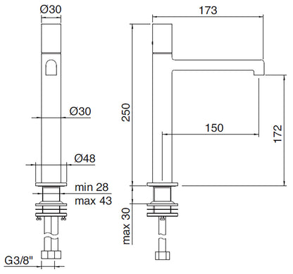 Rubinetterie Treemme 3M T30 IT 5B27 CC ZT ZZ Miscelatore Monocomando Lavabo 172 Ad Appoggio Monoforo Materiale Ottone Finitura Cromato Stile Moderno Altezza 250 Lunghezza 173 mm