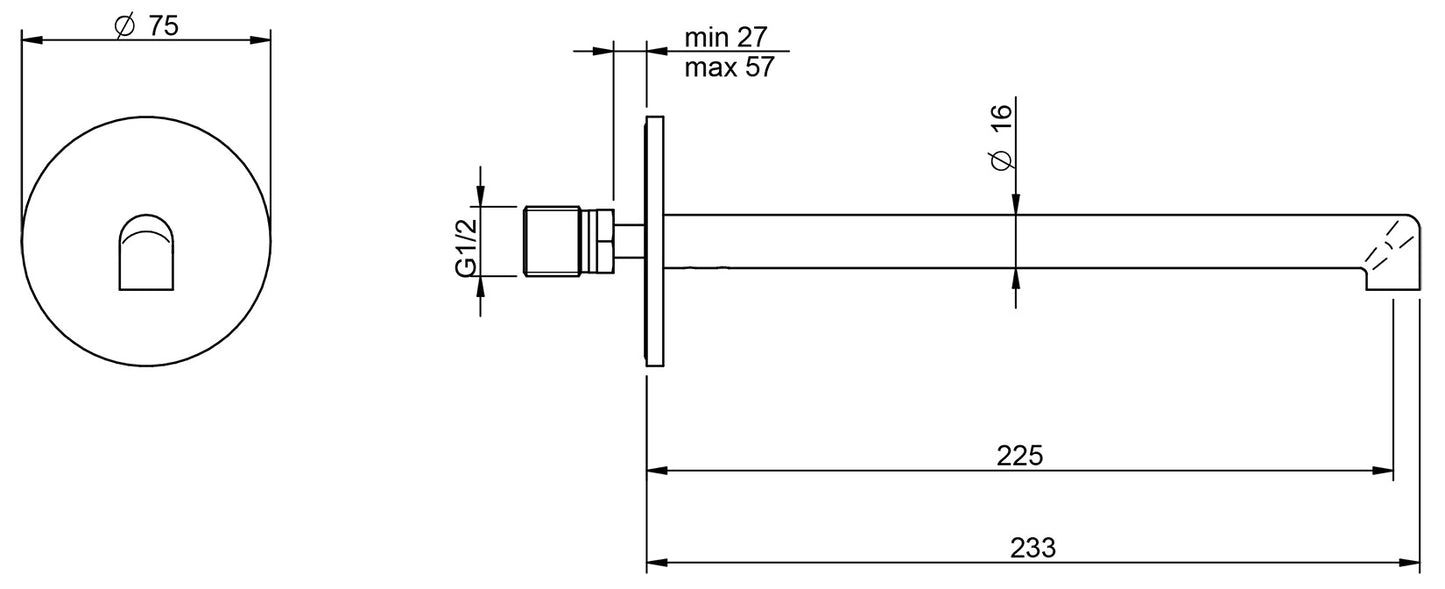 Rubinetterie Treemme 3M T30 IT 5B61 CC ZZ ZZ Bocca Muro 225 mm Getto Erogazione Uscita Acqua Installazione Parete Materiale Ottone Finitura Cromata Stile Moderno Monoforo Lunghezza 233 mm Portata Acqua 5 Litri Al Minuto