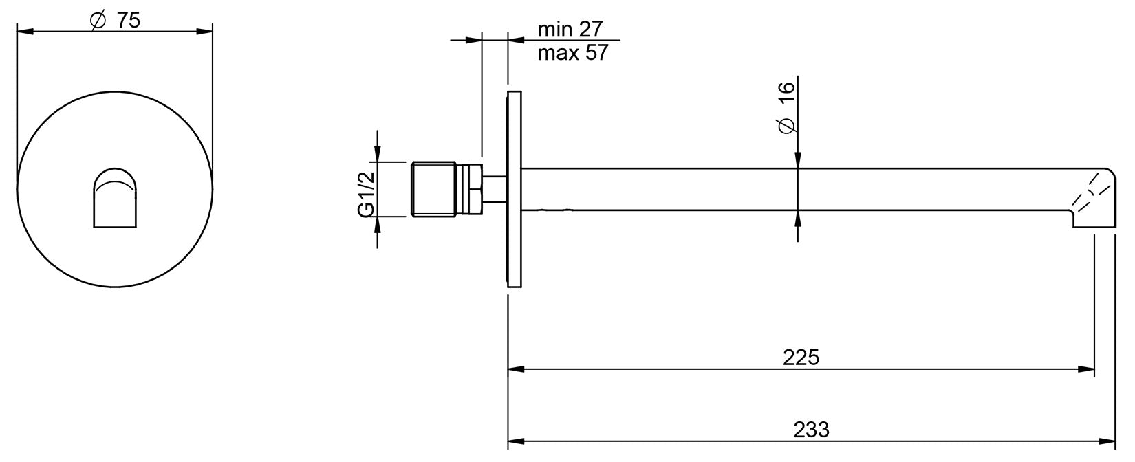 Rubinetterie Treemme 3M T30 IT 5B61 CC ZZ ZZ Bocca Muro 225 mm Getto Erogazione Uscita Acqua Installazione Parete Materiale Ottone Finitura Cromata Stile Moderno Monoforo Lunghezza 233 mm Portata Acqua 5 Litri Al Minuto