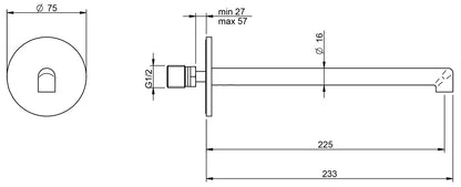 Rubinetterie Treemme 3M T30 IT 5B61 CC ZZ ZZ Bocca Muro 225 mm Getto Erogazione Uscita Acqua Installazione Parete Materiale Ottone Finitura Cromata Stile Moderno Monoforo Lunghezza 233 mm Portata Acqua 5 Litri Al Minuto