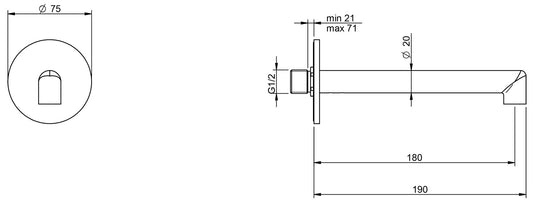 Rubinetterie Treemme 3M T30 IT 5B63 CC ZZ HF Bocca Muro 180 mm Getto Erogazione Uscita Acqua Installazione Parete Materiale Ottone Finitura Cromata Stile Moderno Monoforo Lunghezza 190 mm Portata Acqua 22 Litri Al Minuto