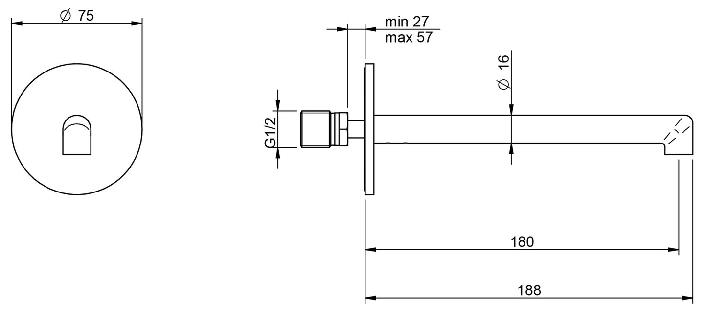 Rubinetterie Treemme 3M T30 IT 5B63 CC ZZ ZZ Bocca Muro 180 mm Getto Erogazione Uscita Acqua Installazione Parete Materiale Ottone Finitura Cromata Stile Moderno Monoforo Lunghezza 188 mm Portata Acqua 5 Litri Al Minuto