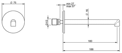 Rubinetterie Treemme 3M T30 IT 5B63 CC ZZ ZZ Bocca Muro 180 mm Getto Erogazione Uscita Acqua Installazione Parete Materiale Ottone Finitura Cromata Stile Moderno Monoforo Lunghezza 188 mm Portata Acqua 5 Litri Al Minuto