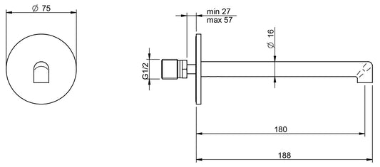 Rubinetterie Treemme 3M T30 IT 5B63 CC ZZ ZZ Bocca Muro 180 mm Getto Erogazione Uscita Acqua Installazione Parete Materiale Ottone Finitura Cromata Stile Moderno Monoforo Lunghezza 188 mm Portata Acqua 5 Litri Al Minuto