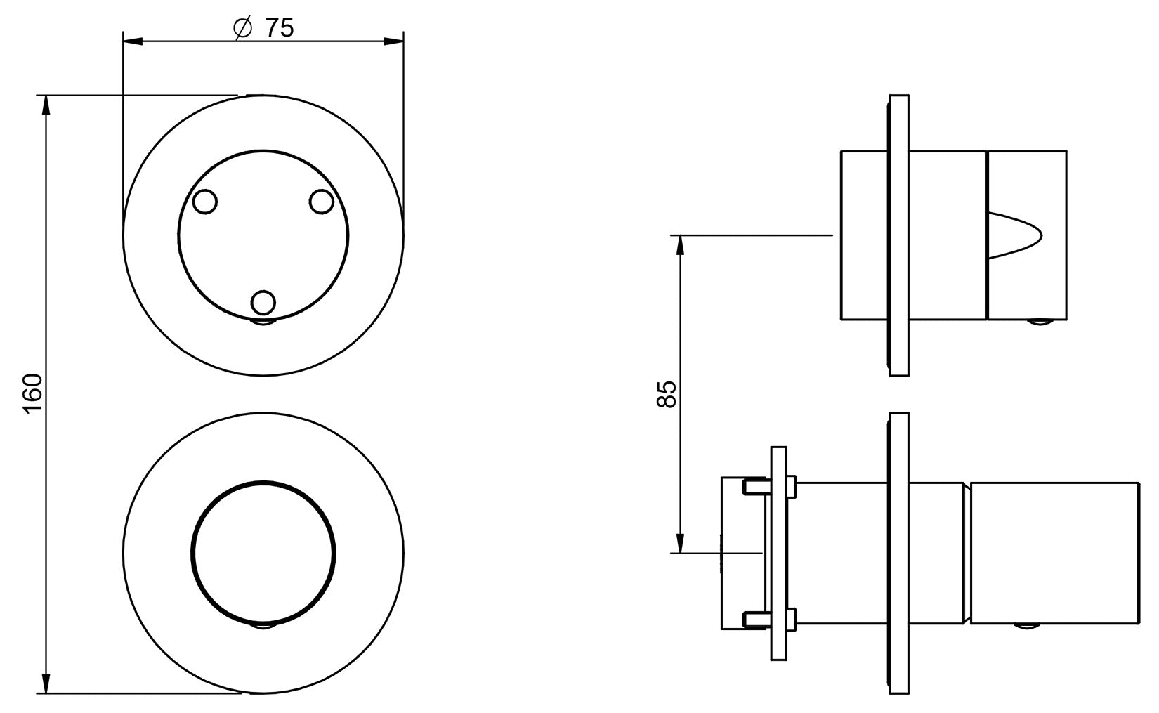 Rubinetterie Treemme 3M T30 RWIT 5BC3 CC 02 + RWIT 22A2 ZZ 01 Miscelatore Monocomando Doccia Deviatore Incasso Parete Meccanico 2 Fori 1 Manopola Forma Tonda 3 Uscite Ottone Cromato Senza Piastra Verticale Stile Moderno Parte Interna Esterna Incluse