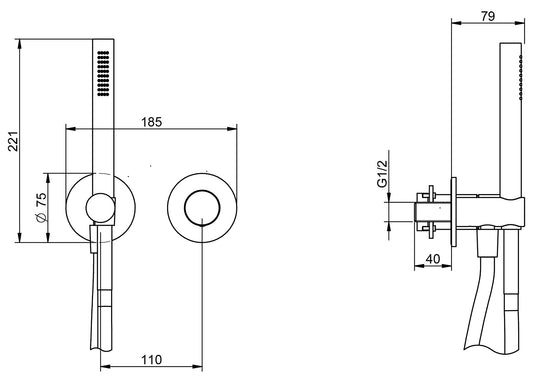 Rubinetterie Treemme 3M T30 RWIT 5BD4 CC 01 + RWIT 51A5 ZZ 01 Miscelatore Doccia Incasso Meccanico Parete Doccetta Flessibile Forma Tonda 2 Fori Monocomando 1 Manopola Una Via Materiale Ottone Finitura Cromata Stile Moderno Parte Interna Esterna Incluse