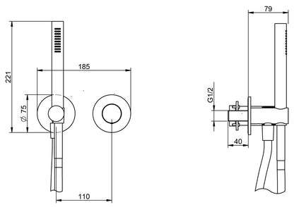 Rubinetterie Treemme 3M T30 RWIT 5BD4 CC Z4 + RWIT 51A5 ZZ 01 Miscelatore Doccia Incasso Meccanico Parete Doccetta Flessibile Forma Tonda 2 Fori Monocomando 1 Manopola Una Via Materiale Ottone Finitura Cromata Stile Moderno Parte Interna Esterna Incluse
