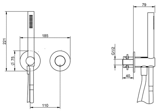 Rubinetterie Treemme 3M T30 RWIT 5BD4 CC Z4 + RWIT 51A5 ZZ 01 Miscelatore Doccia Incasso Meccanico Parete Doccetta Flessibile Forma Tonda 2 Fori Monocomando 1 Manopola Una Via Materiale Ottone Finitura Cromata Stile Moderno Parte Interna Esterna Incluse