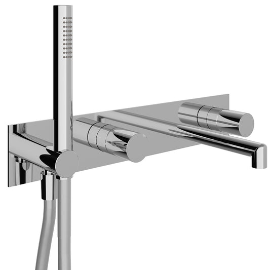 Rubinetterie Treemme 3M T30 RWIT 5BD7 CC 01 + RWIT 51D7 ZZ 12 Miscelatore Vasca / Doccia Meccanico Incasso Muro Parte Interna Esterna Inclusa 4 Fori Con Piastra Ottone Cromata Monocomando 2 Leve Manopole Stile Moderno Doccetta Metallo Flessibile PVC