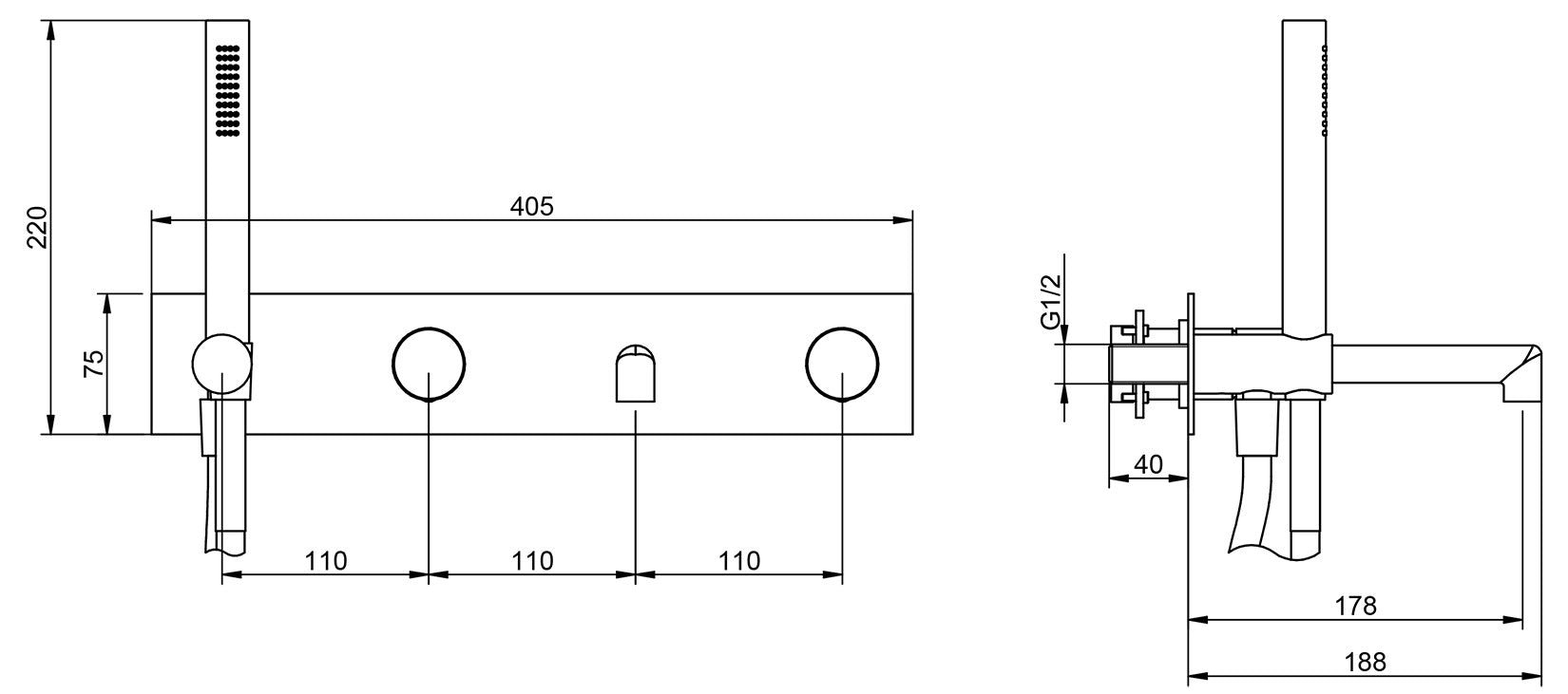 Rubinetterie Treemme 3M T30 RWIT 5BD7 CC 01 + RWIT 51D7 ZZ 12 Miscelatore Vasca / Doccia Meccanico Incasso Muro Parte Interna Esterna Inclusa 4 Fori Con Piastra Ottone Cromata Monocomando 2 Leve Manopole Stile Moderno Doccetta Metallo Flessibile PVC