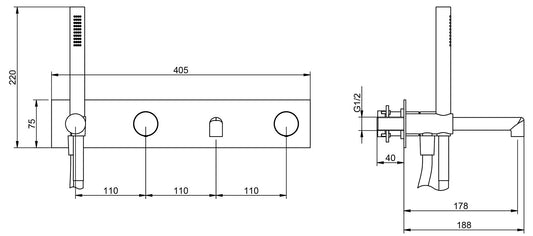 Rubinetterie Treemme 3M T30 RWIT 5BD7 CC 01 + RWIT 51D7 ZZ 12 Miscelatore Vasca / Doccia Meccanico Incasso Muro Parte Interna Esterna Inclusa 4 Fori Con Piastra Ottone Cromata Monocomando 2 Leve Manopole Stile Moderno Doccetta Metallo Flessibile PVC