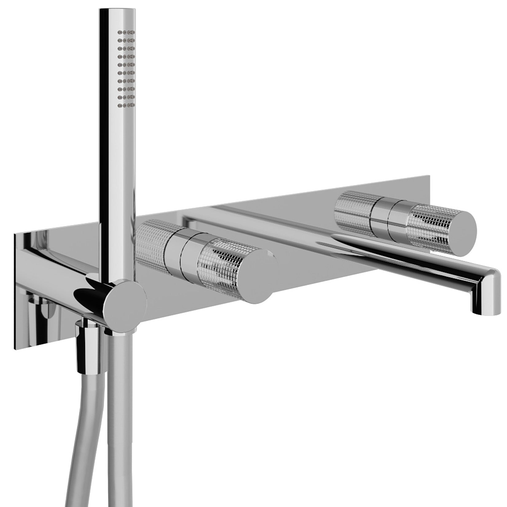 Rubinetterie Treemme 3M T30 RWIT 5BD7 CC Z4 + RWIT 51D7 ZZ 12 Miscelatore Vasca / Doccia Meccanico Incasso Muro Parte Interna Esterna Inclusa 4 Fori Con Piastra Ottone Cromata Monocomando 2 Leve Manopole Stile Moderno Doccetta Metallo Flessibile PVC
