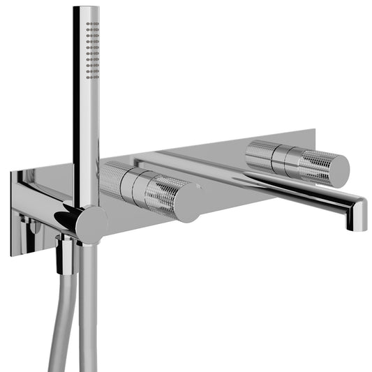 Rubinetterie Treemme 3M T30 RWIT 5BD7 CC Z4 + RWIT 51D7 ZZ 12 Miscelatore Vasca / Doccia Meccanico Incasso Muro Parte Interna Esterna Inclusa 4 Fori Con Piastra Ottone Cromata Monocomando 2 Leve Manopole Stile Moderno Doccetta Metallo Flessibile PVC