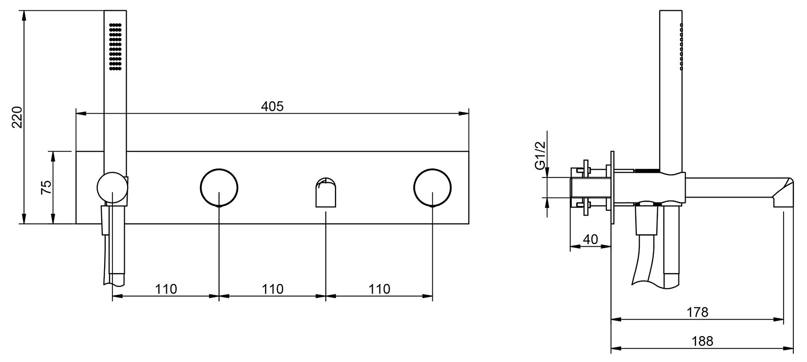 Rubinetterie Treemme 3M T30 RWIT 5BD7 CC Z4 + RWIT 51D7 ZZ 12 Miscelatore Vasca / Doccia Meccanico Incasso Muro Parte Interna Esterna Inclusa 4 Fori Con Piastra Ottone Cromata Monocomando 2 Leve Manopole Stile Moderno Doccetta Metallo Flessibile PVC