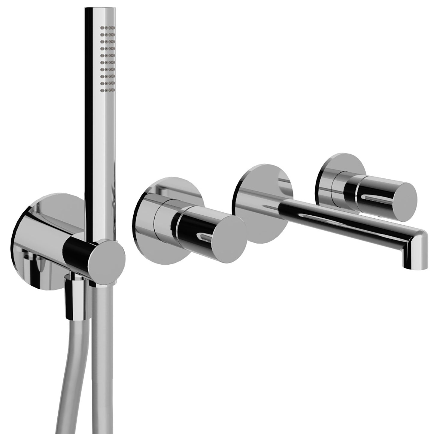 Rubinetterie Treemme 3M T30 RWIT 5BD8 CC 01 + RWIT 51D7 ZZ 12 Miscelatore Vasca / Doccia Meccanico Incasso Muro Parte Interna Esterna Inclusa 4 Fori Senza Piastra Ottone Cromata Monocomando 2 Leve Manopole Stile Moderno Doccetta Metallo Flessibile PVC