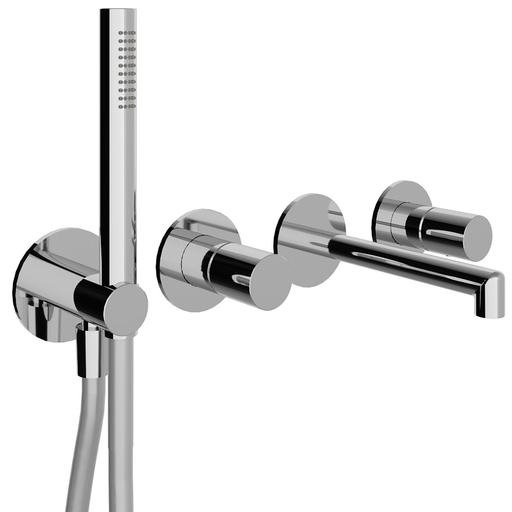 Rubinetterie Treemme 3M T30 RWIT 5BD8 CC 01 + RWIT 51D7 ZZ 12 Miscelatore Vasca / Doccia Meccanico Incasso Muro Parte Interna Esterna Inclusa 4 Fori Senza Piastra Ottone Cromata Monocomando 2 Leve Manopole Stile Moderno Doccetta Metallo Flessibile PVC