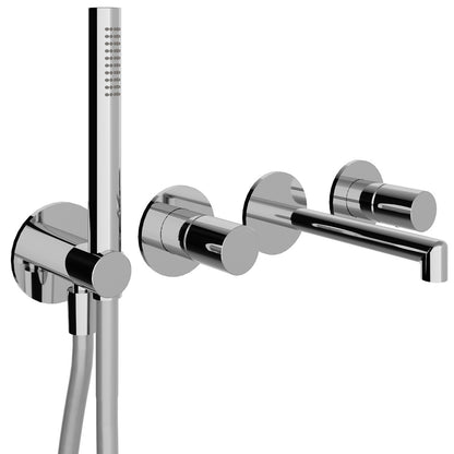 Rubinetterie Treemme 3M T30 RWIT 5BD8 CC 01 + RWIT 51D7 ZZ 12 Miscelatore Vasca / Doccia Meccanico Incasso Muro Parte Interna Esterna Inclusa 4 Fori Senza Piastra Ottone Cromata Monocomando 2 Leve Manopole Stile Moderno Doccetta Metallo Flessibile PVC